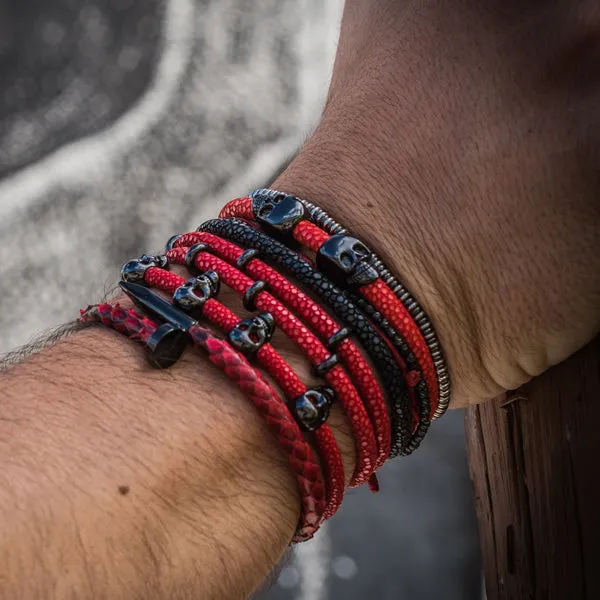 Red Stingray Leather with Black PVD Double Skull