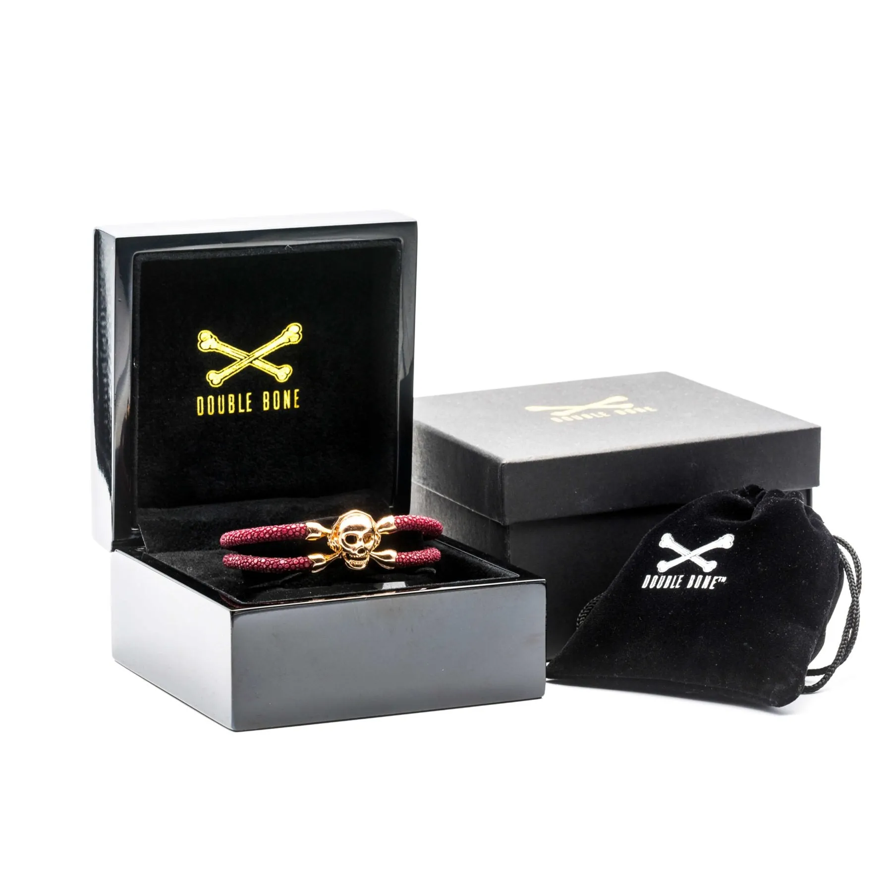 Red wine stingray bracelet with rose gold skull (Unisex)