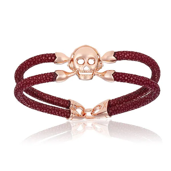 Red wine stingray bracelet with rose gold skull (Unisex)
