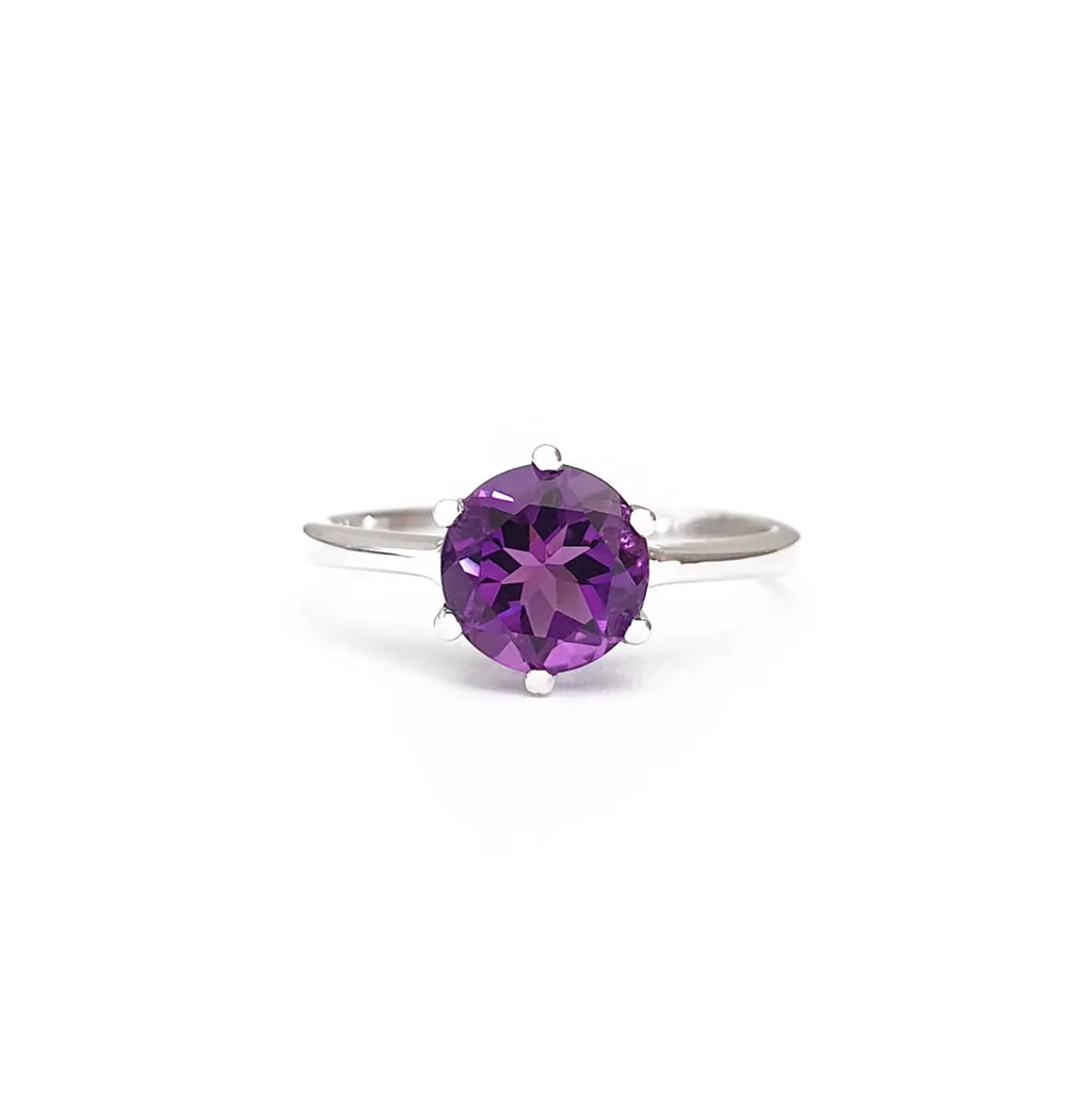 Regal Six Claw Round Cut Amethyst White Gold Ring