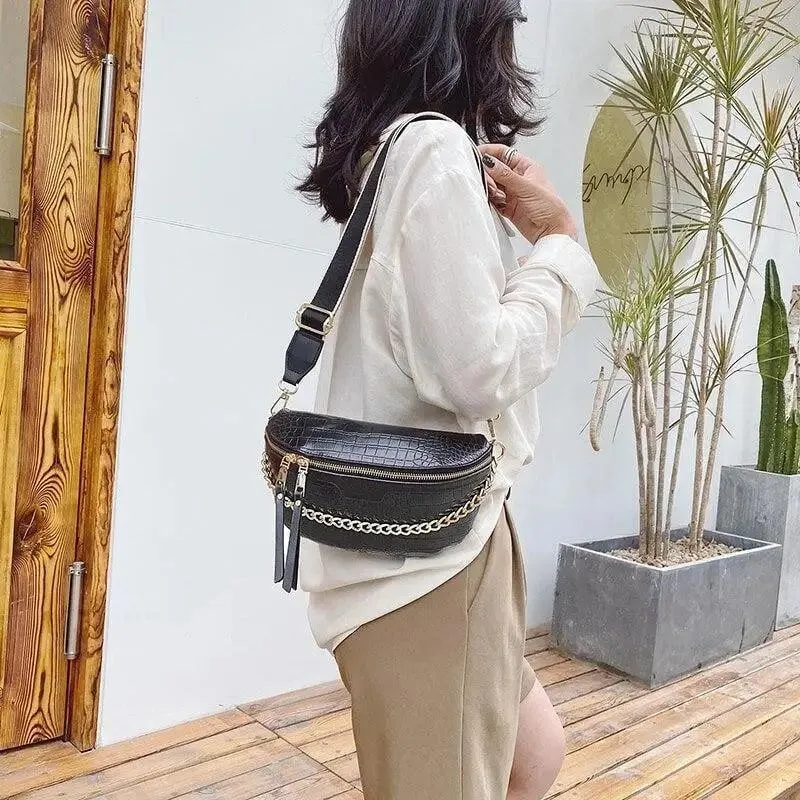 Retro Waist Bag PU Leather Fanny Pack Purse Leather with Gold Chain Strap Stylish New Design  Waist Pack Women Belt Bag Multifunctional Chest Bag