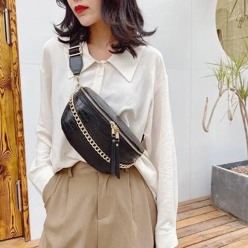 Retro Waist Bag PU Leather Fanny Pack Purse Leather with Gold Chain Strap Stylish New Design  Waist Pack Women Belt Bag Multifunctional Chest Bag