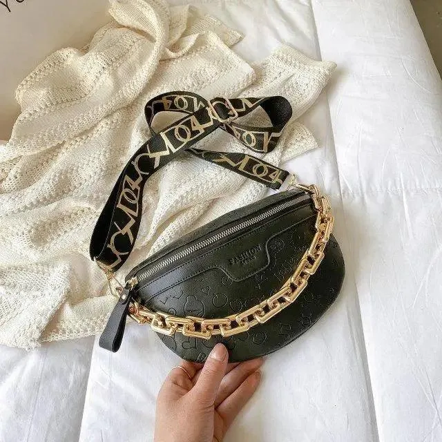 Retro Waist Bag PU Leather Fanny Pack Purse Leather with Gold Chain Strap Stylish New Design  Waist Pack Women Belt Bag Multifunctional Chest Bag