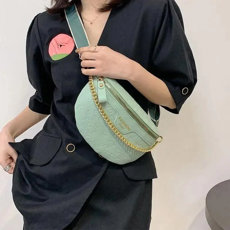 Retro Waist Bag PU Leather Fanny Pack Purse Leather with Gold Chain Strap Stylish New Design  Waist Pack Women Belt Bag Multifunctional Chest Bag
