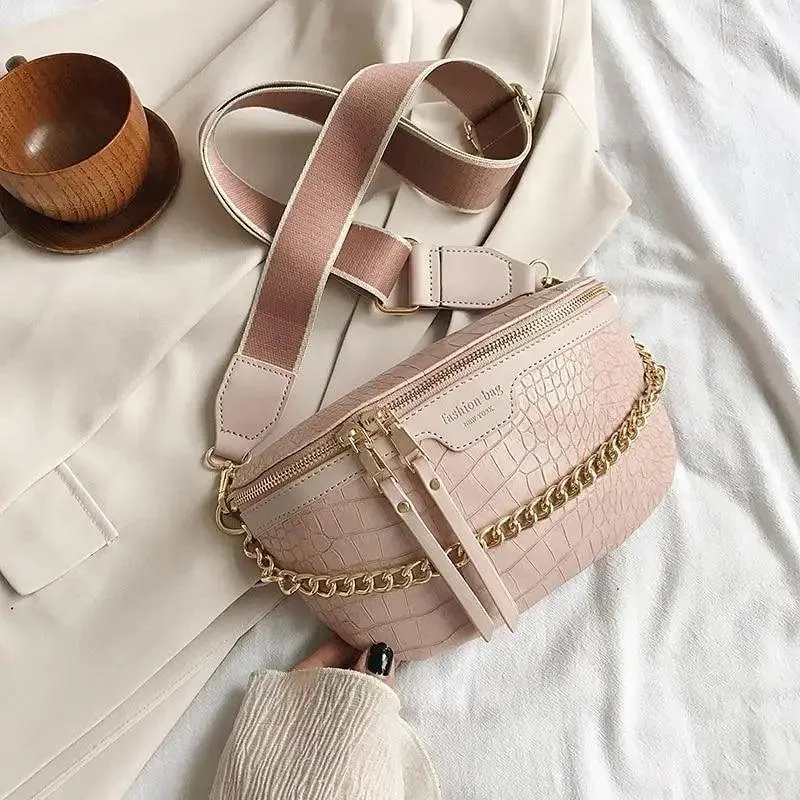 Retro Waist Bag PU Leather Fanny Pack Purse Leather with Gold Chain Strap Stylish New Design  Waist Pack Women Belt Bag Multifunctional Chest Bag