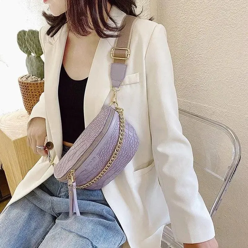 Retro Waist Bag PU Leather Fanny Pack Purse Leather with Gold Chain Strap Stylish New Design  Waist Pack Women Belt Bag Multifunctional Chest Bag