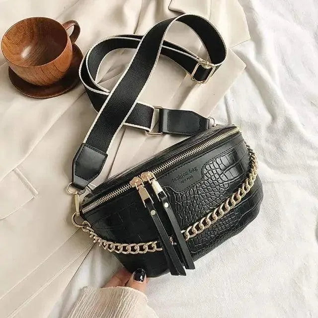Retro Waist Bag PU Leather Fanny Pack Purse Leather with Gold Chain Strap Stylish New Design  Waist Pack Women Belt Bag Multifunctional Chest Bag