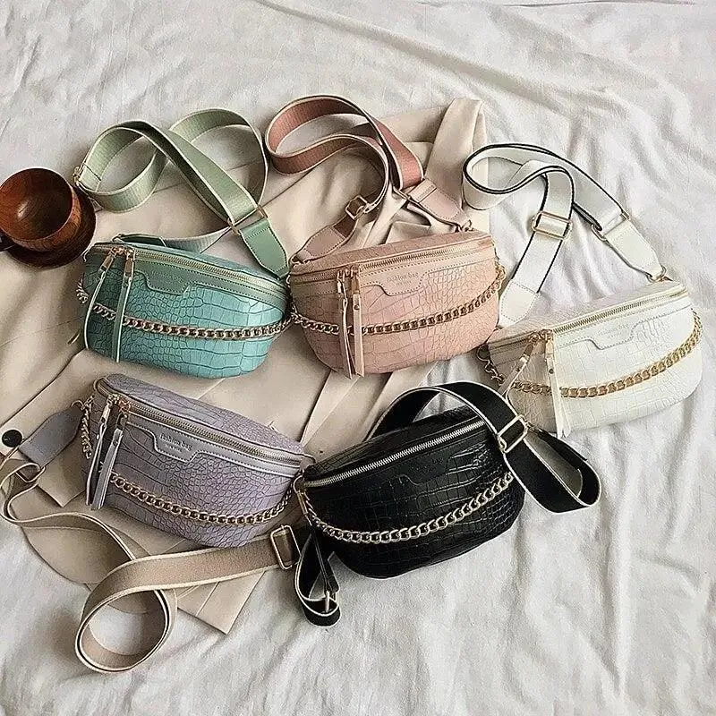 Retro Waist Bag PU Leather Fanny Pack Purse Leather with Gold Chain Strap Stylish New Design  Waist Pack Women Belt Bag Multifunctional Chest Bag