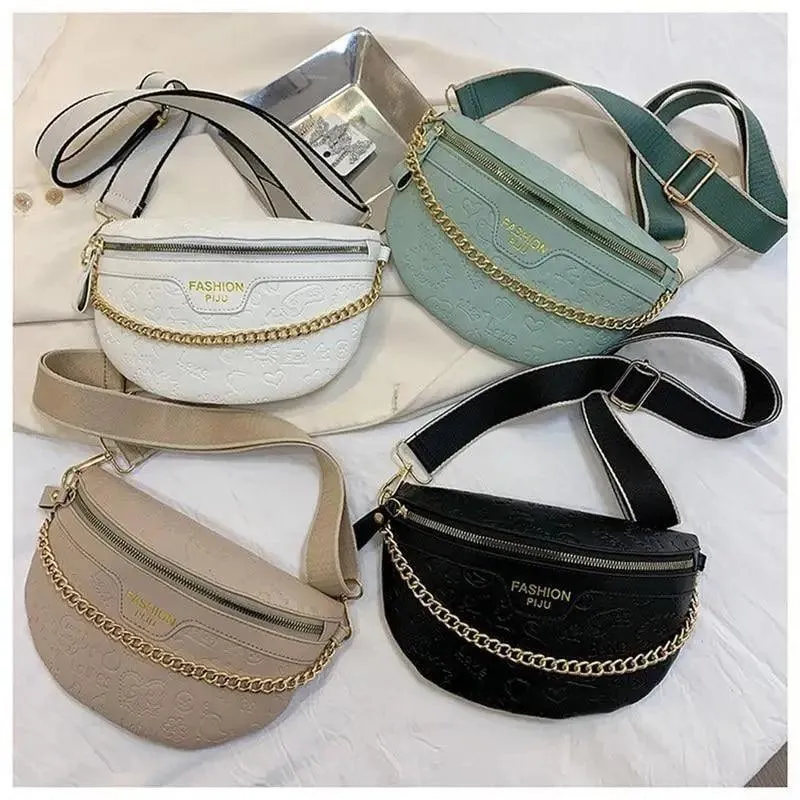 Retro Waist Bag PU Leather Fanny Pack Purse Leather with Gold Chain Strap Stylish New Design  Waist Pack Women Belt Bag Multifunctional Chest Bag