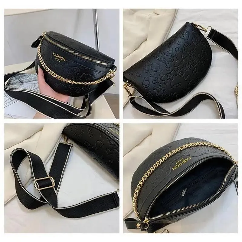 Retro Waist Bag PU Leather Fanny Pack Purse Leather with Gold Chain Strap Stylish New Design  Waist Pack Women Belt Bag Multifunctional Chest Bag