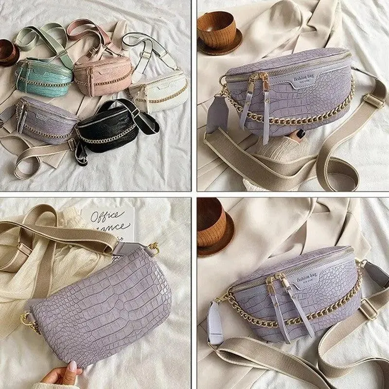 Retro Waist Bag PU Leather Fanny Pack Purse Leather with Gold Chain Strap Stylish New Design  Waist Pack Women Belt Bag Multifunctional Chest Bag