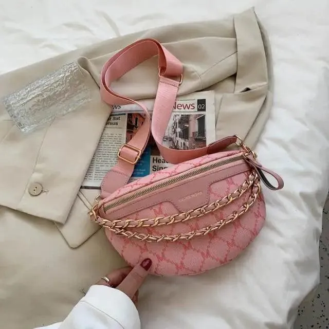 Retro Waist Bag PU Leather Fanny Pack Purse Leather with Gold Chain Strap Stylish New Design  Waist Pack Women Belt Bag Multifunctional Chest Bag