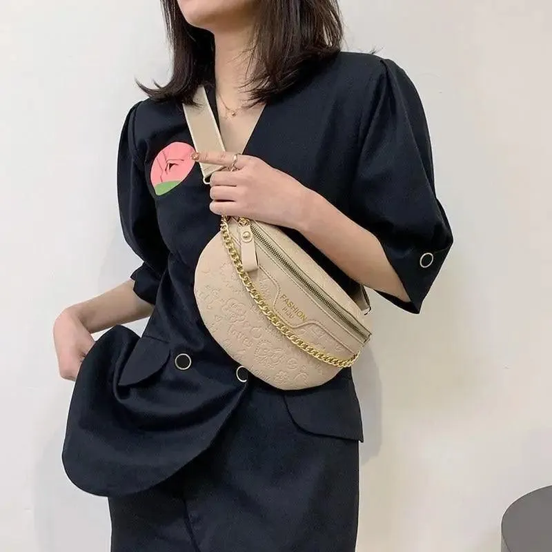 Retro Waist Bag PU Leather Fanny Pack Purse Leather with Gold Chain Strap Stylish New Design  Waist Pack Women Belt Bag Multifunctional Chest Bag