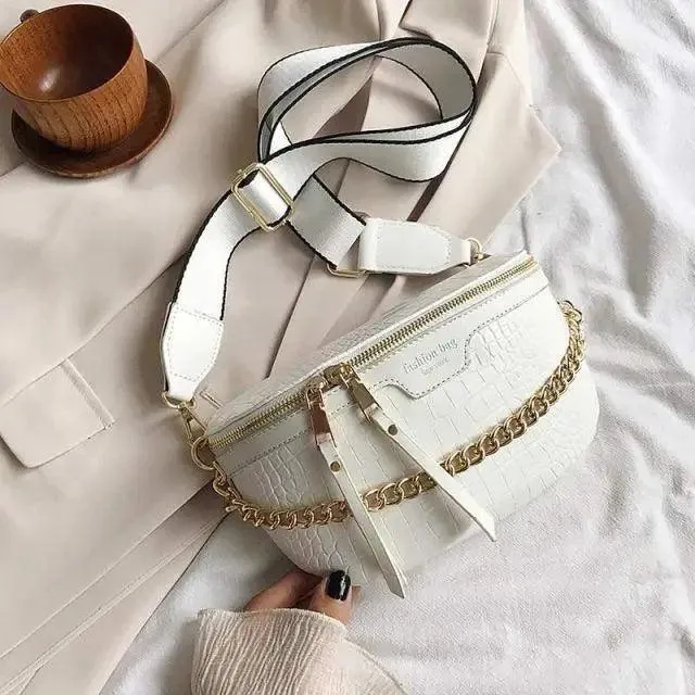 Retro Waist Bag PU Leather Fanny Pack Purse Leather with Gold Chain Strap Stylish New Design  Waist Pack Women Belt Bag Multifunctional Chest Bag