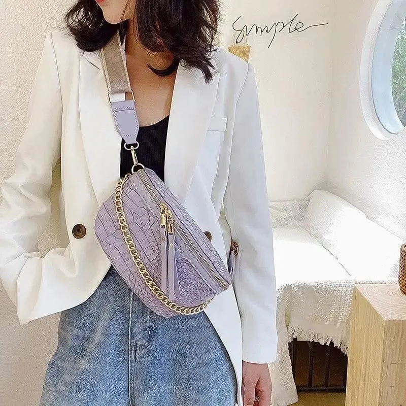 Retro Waist Bag PU Leather Fanny Pack Purse Leather with Gold Chain Strap Stylish New Design  Waist Pack Women Belt Bag Multifunctional Chest Bag