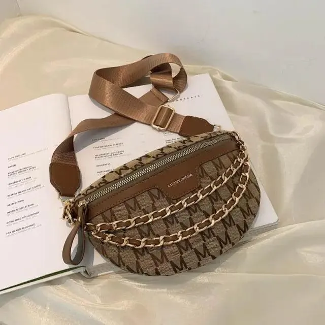 Retro Waist Bag PU Leather Fanny Pack Purse Leather with Gold Chain Strap Stylish New Design  Waist Pack Women Belt Bag Multifunctional Chest Bag