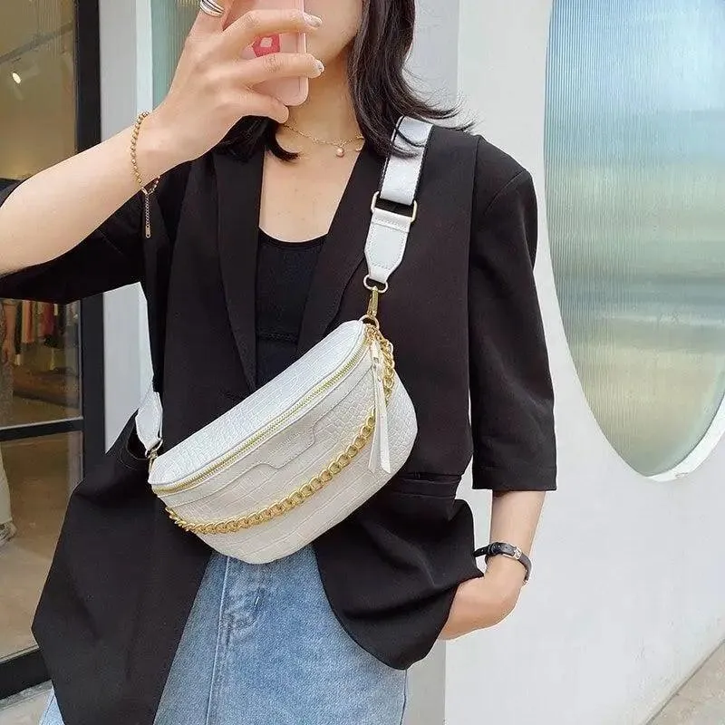 Retro Waist Bag PU Leather Fanny Pack Purse Leather with Gold Chain Strap Stylish New Design  Waist Pack Women Belt Bag Multifunctional Chest Bag