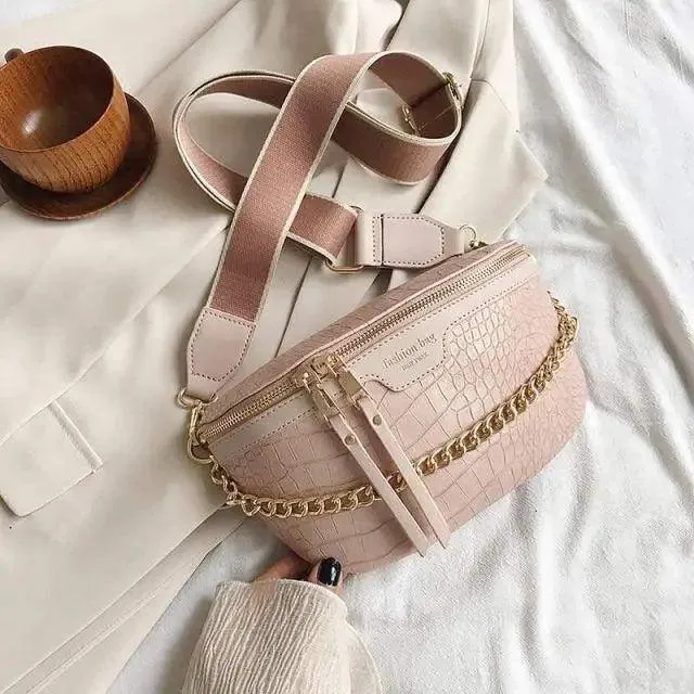 Retro Waist Bag PU Leather Fanny Pack Purse Leather with Gold Chain Strap Stylish New Design  Waist Pack Women Belt Bag Multifunctional Chest Bag