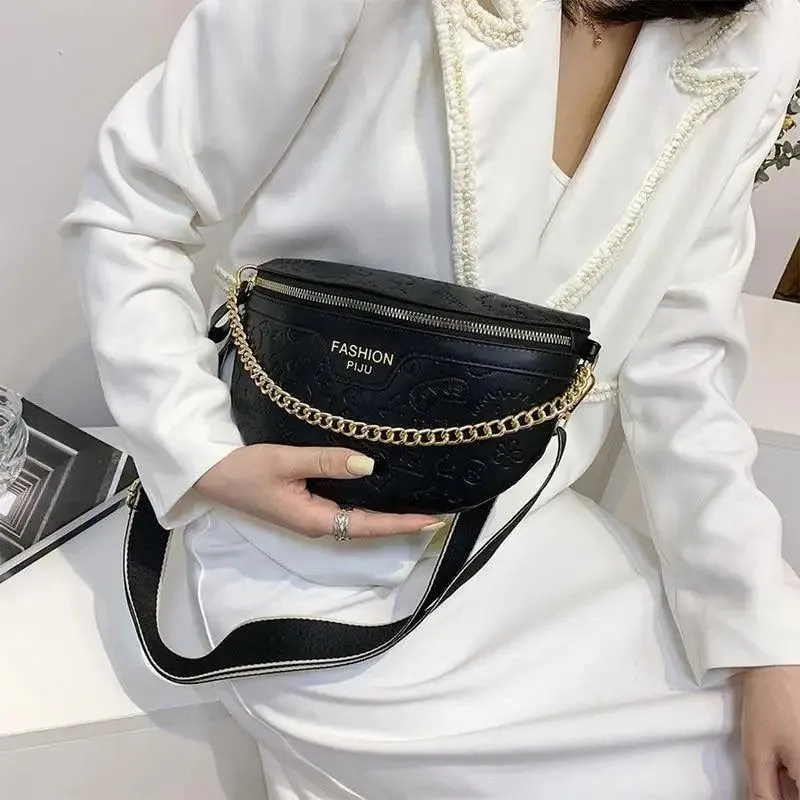 Retro Waist Bag PU Leather Fanny Pack Purse Leather with Gold Chain Strap Stylish New Design  Waist Pack Women Belt Bag Multifunctional Chest Bag