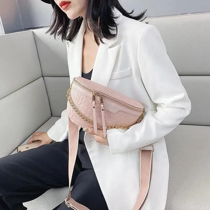 Retro Waist Bag PU Leather Fanny Pack Purse Leather with Gold Chain Strap Stylish New Design  Waist Pack Women Belt Bag Multifunctional Chest Bag
