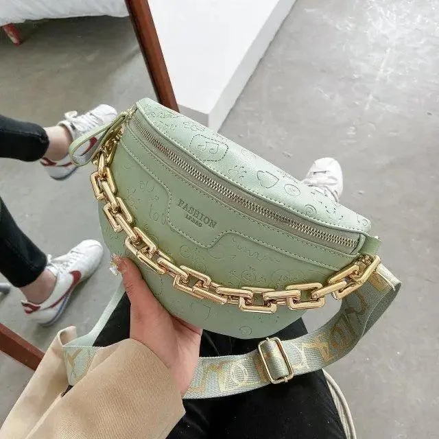 Retro Waist Bag PU Leather Fanny Pack Purse Leather with Gold Chain Strap Stylish New Design  Waist Pack Women Belt Bag Multifunctional Chest Bag