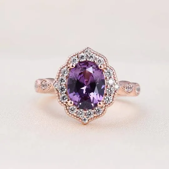 Rose Gold Amethyst Stone Halo Oval Cut Vintage Wedding Set