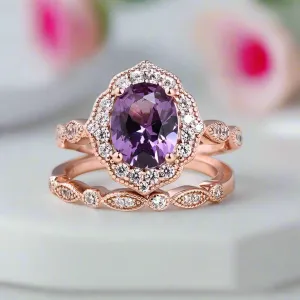 Rose Gold Amethyst Stone Halo Oval Cut Vintage Wedding Set