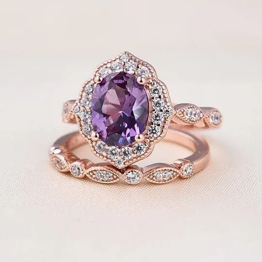 Rose Gold Amethyst Stone Halo Oval Cut Vintage Wedding Set