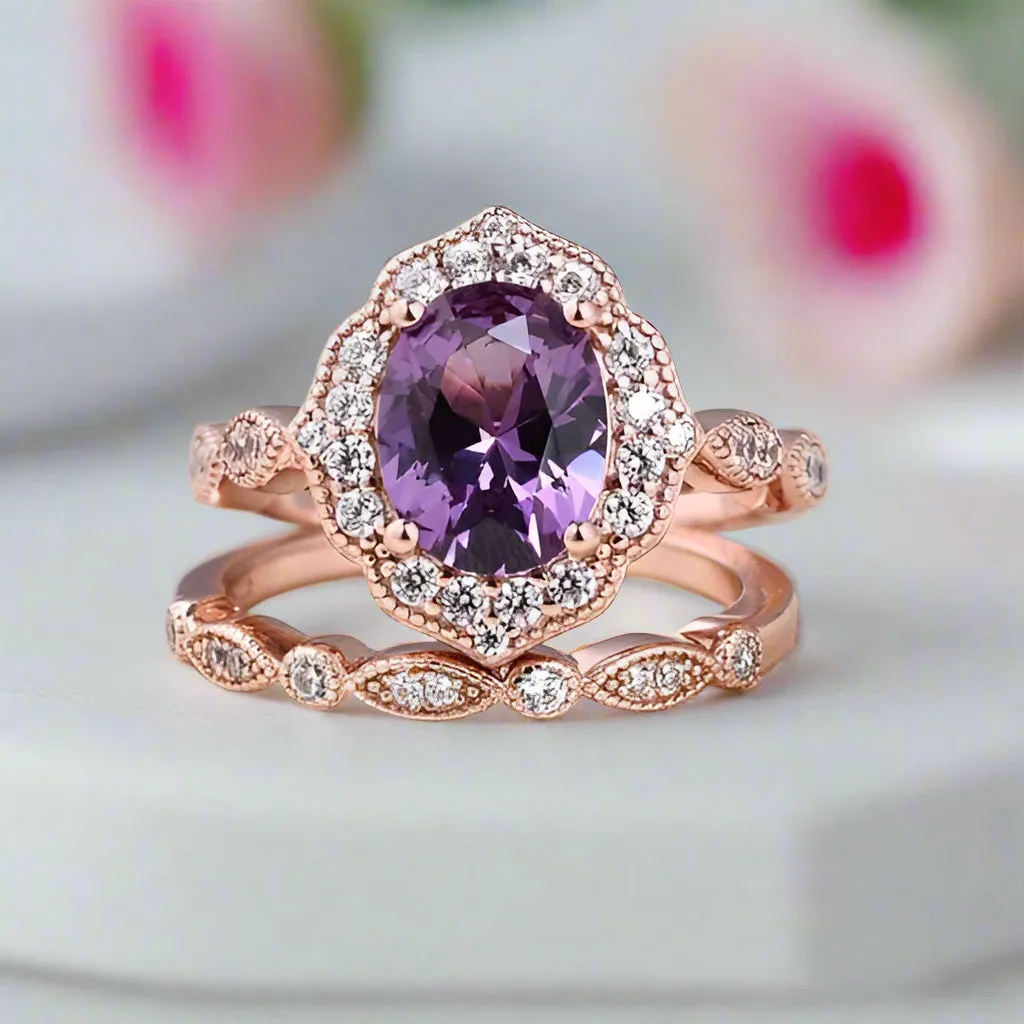 Rose Gold Amethyst Stone Halo Oval Cut Vintage Wedding Set