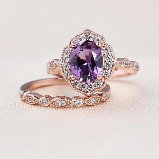 Rose Gold Amethyst Stone Halo Oval Cut Vintage Wedding Set