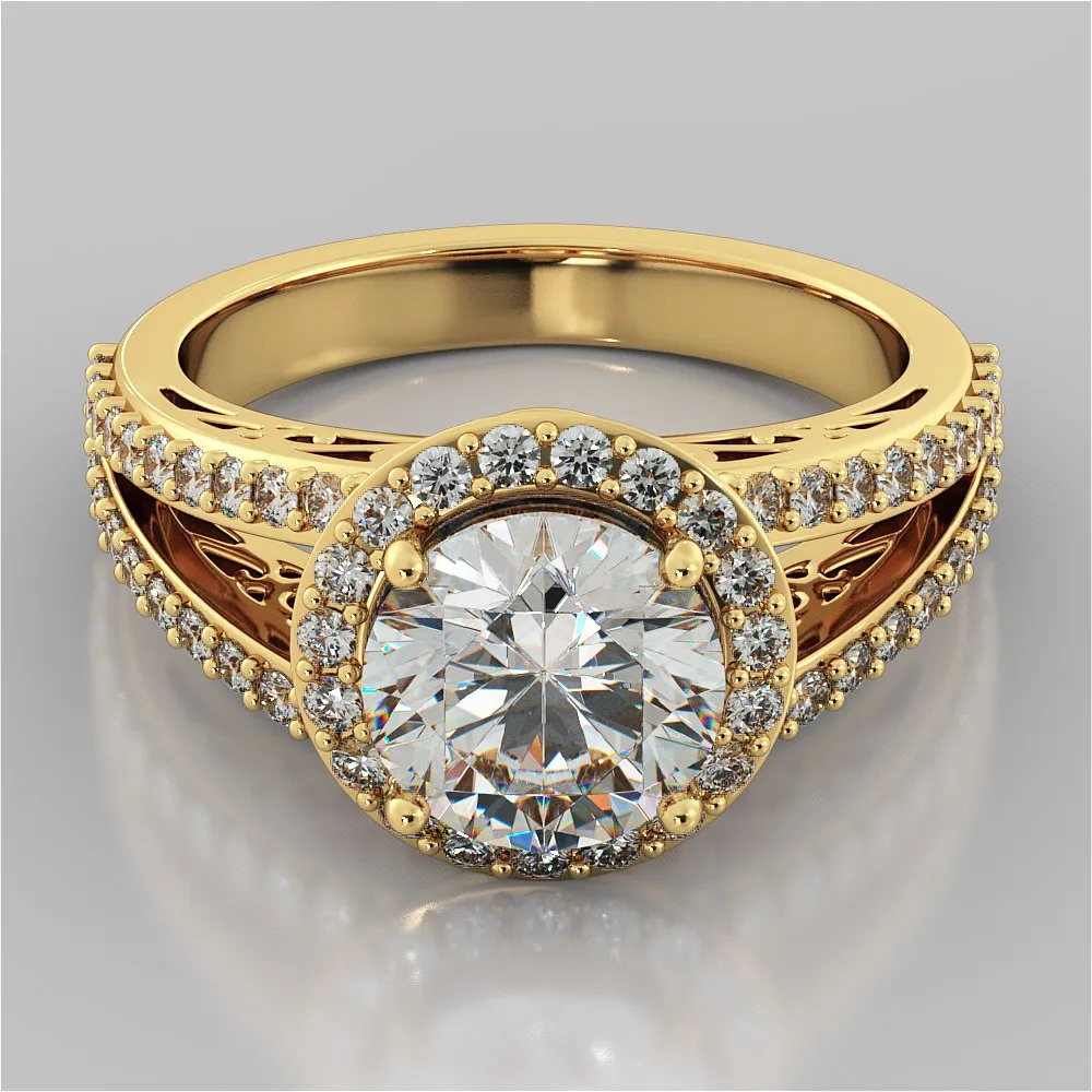 Round Cut Engagement Ring with Filigree Split Shanks