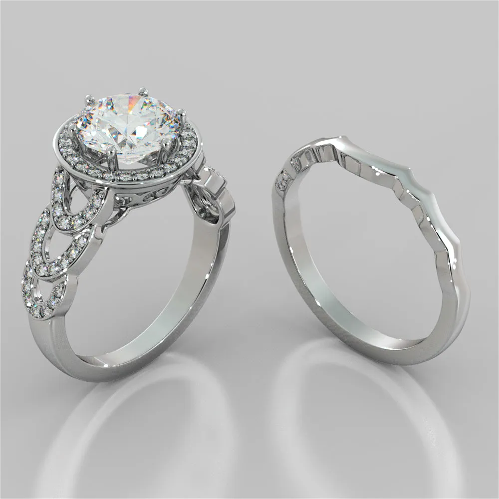Round Cut Halo Cathedral Style Wedding Set With 2 Matching Bands