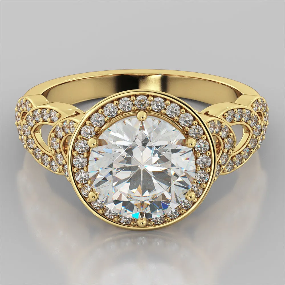 Round Cut Halo Cathedral Style Wedding Set With 2 Matching Bands