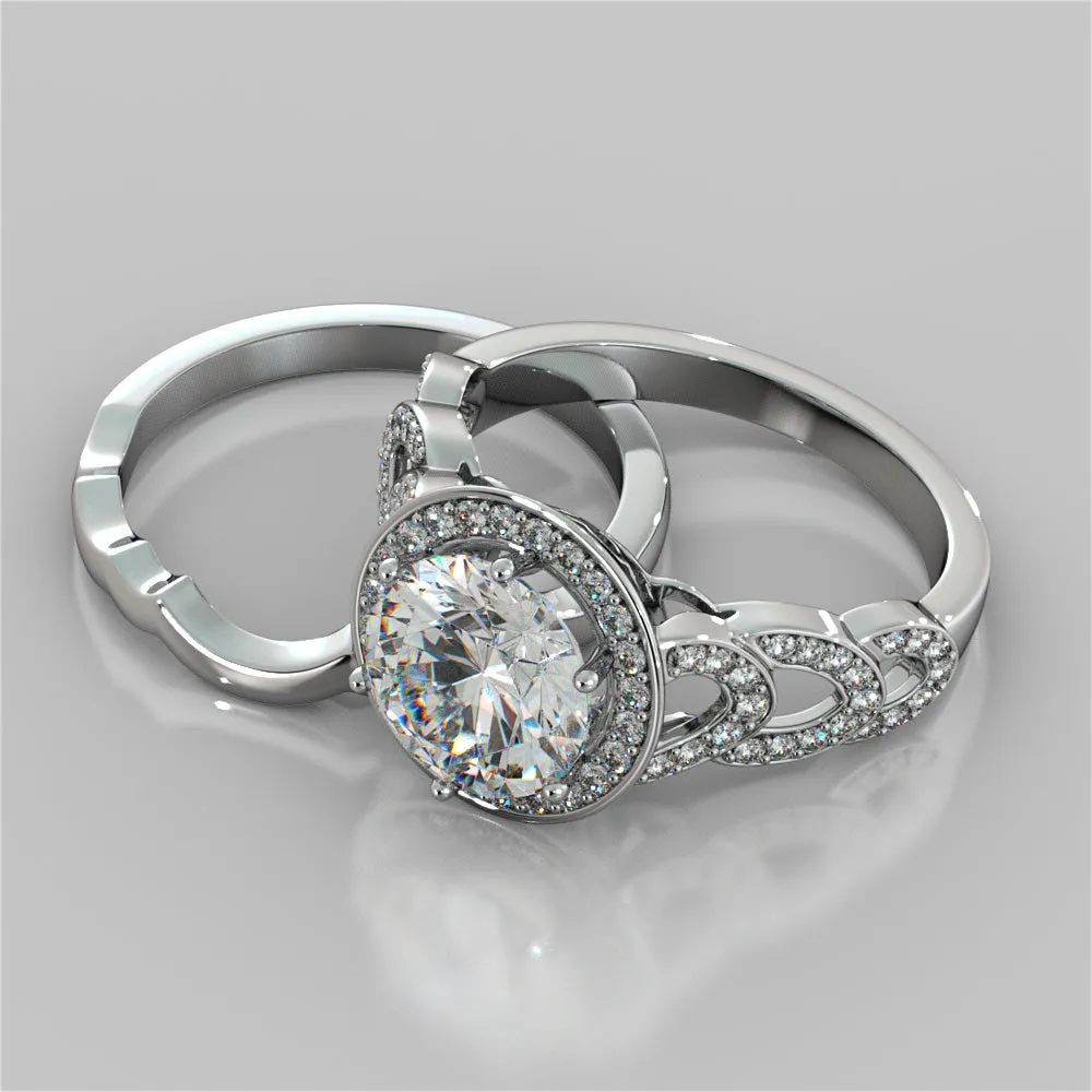 Round Cut Halo Cathedral Style Wedding Set With 2 Matching Bands