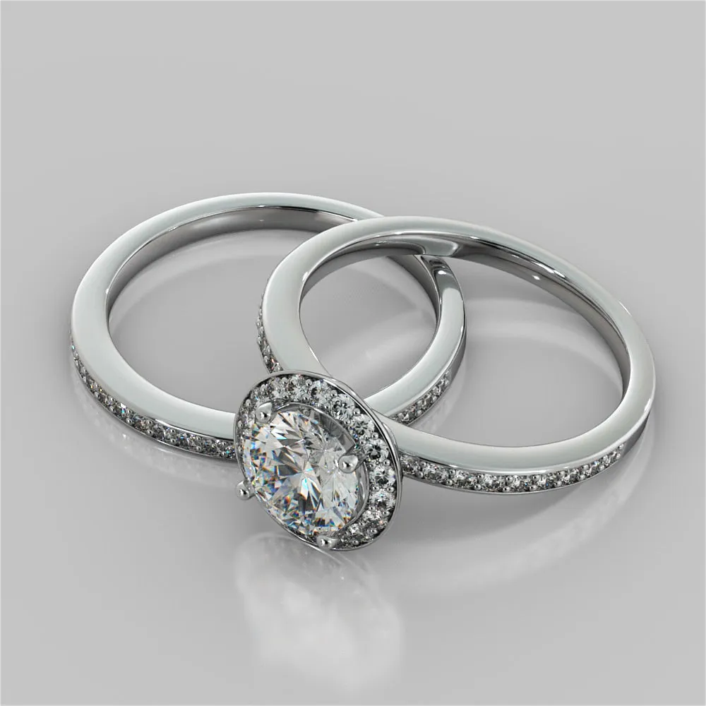 Round Cut Pavé Style Halo Wedding Set With 2 Matching Bands