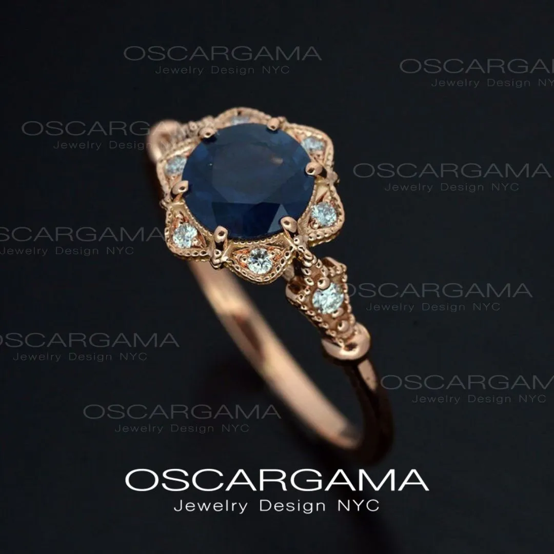 Round Daisy Star Blue Sapphire Engagement Ring Vintage Inspired