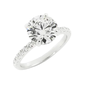 Round Diamond Ring Four-Prong Solitaire Setting Pavé-Set Band