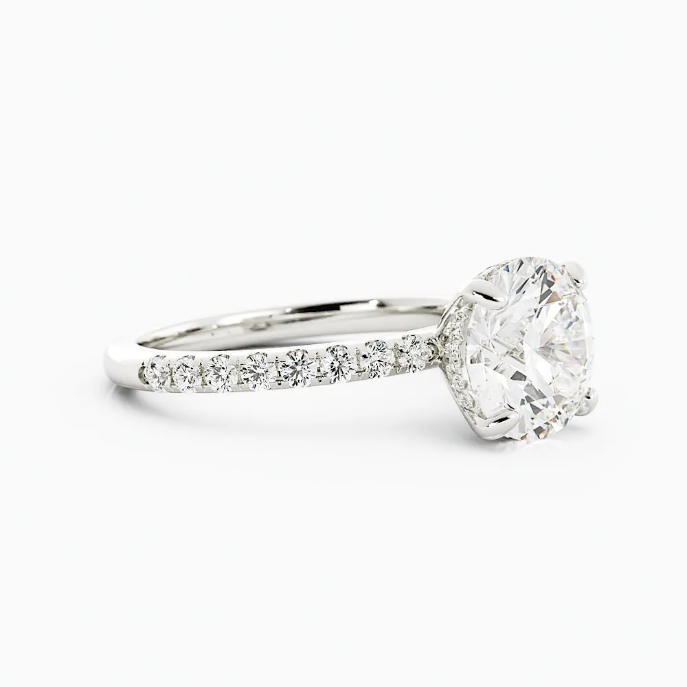 Round Diamond Ring Four-Prong Solitaire Setting Pavé-Set Band