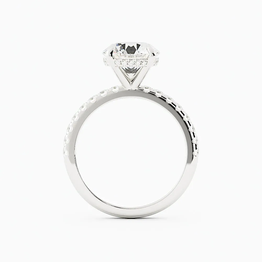 Round Diamond Ring Four-Prong Solitaire Setting Pavé-Set Band
