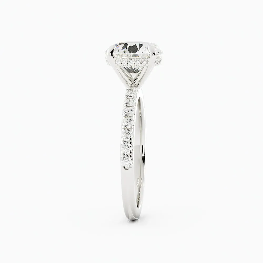 Round Diamond Ring Four-Prong Solitaire Setting Pavé-Set Band
