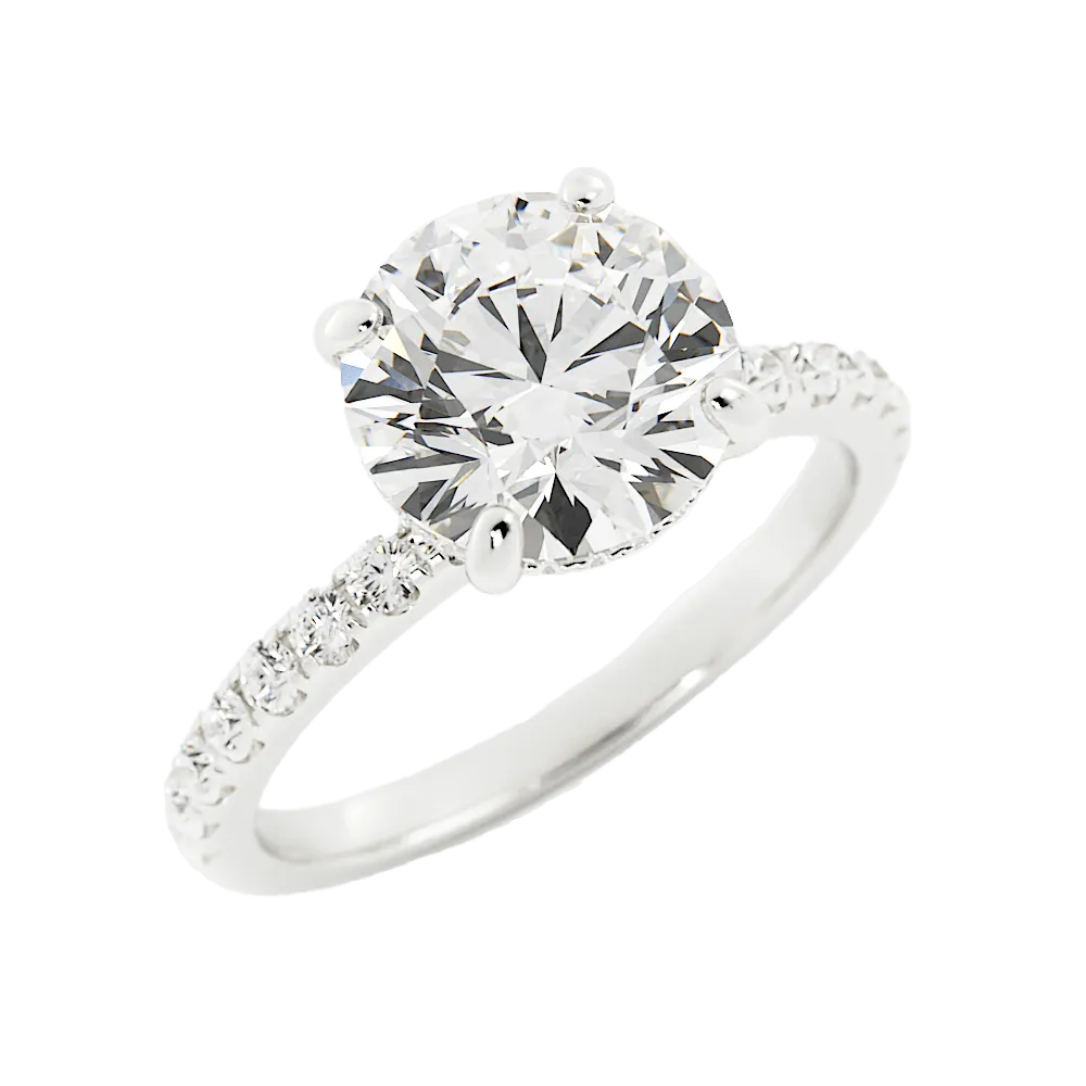 Round Diamond Ring Four-Prong Solitaire Setting Pavé-Set Band