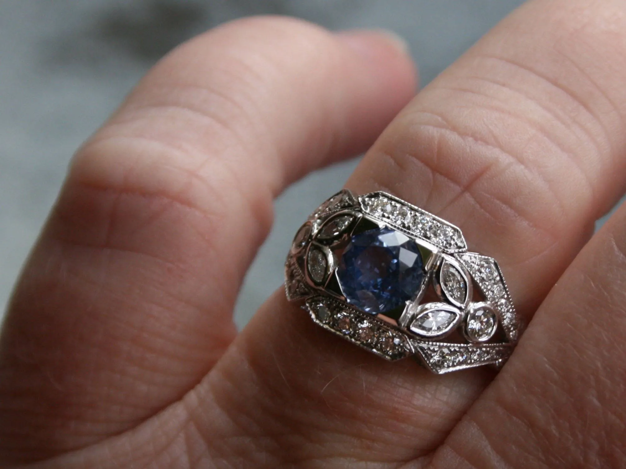 Sapphire Floral Diamond Ring Engagement Ring Wedding Ring in 14K White Gold.