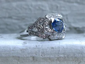 Sapphire Floral Diamond Ring Engagement Ring Wedding Ring in 14K White Gold.