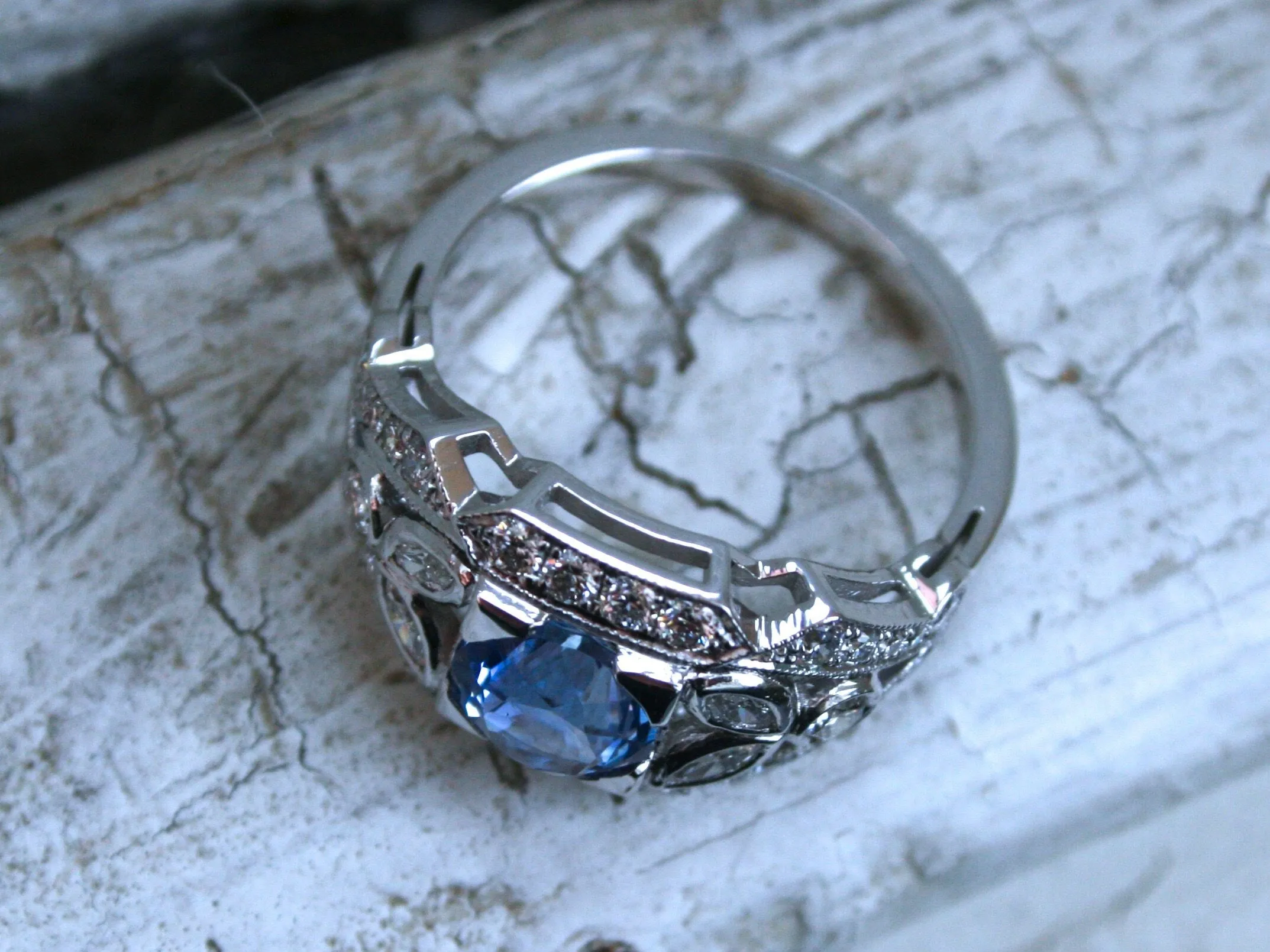 Sapphire Floral Diamond Ring Engagement Ring Wedding Ring in 14K White Gold.