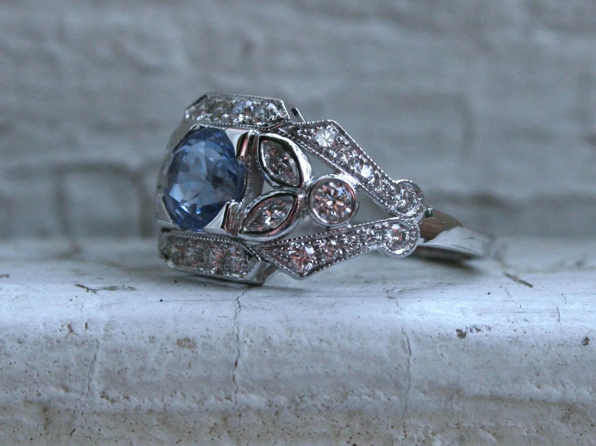Sapphire Floral Diamond Ring Engagement Ring Wedding Ring in 14K White Gold.
