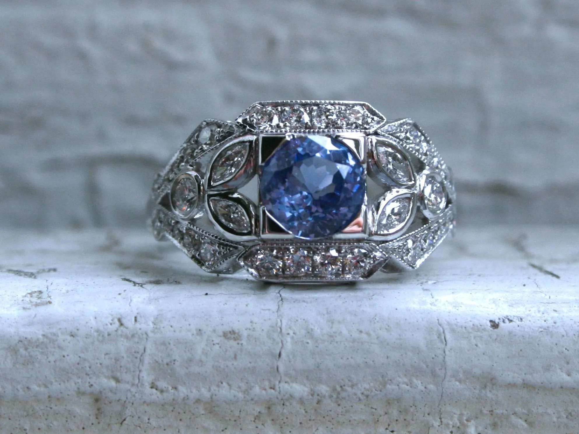 Sapphire Floral Diamond Ring Engagement Ring Wedding Ring in 14K White Gold.