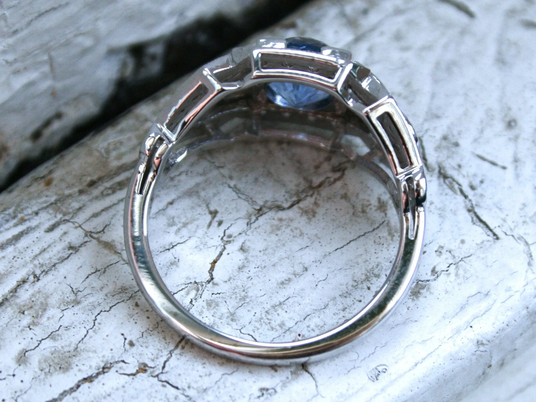 Sapphire Floral Diamond Ring Engagement Ring Wedding Ring in 14K White Gold.