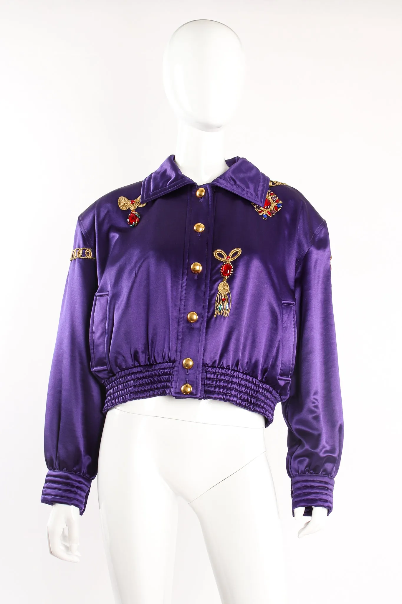 Satin Jeweled Brooch Bomber