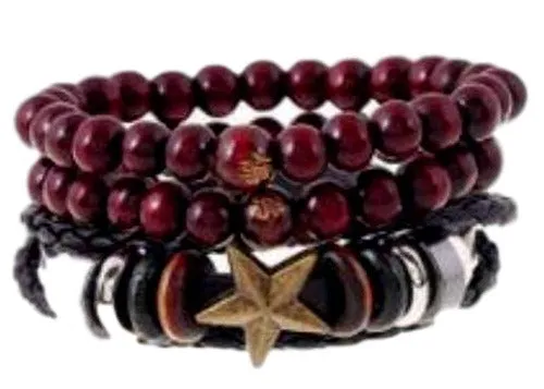 Scarlet Red Wooden Beads with Star and Silver Charm Accent Bracelet Set