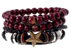 Scarlet Red Wooden Beads with Star and Silver Charm Accent Bracelet Set